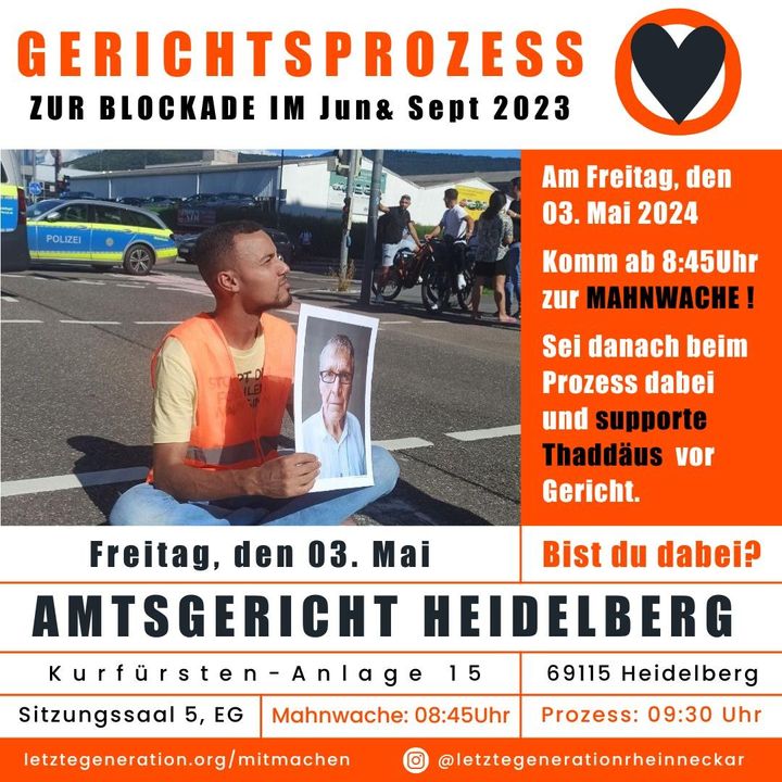 Klimaaktivist vor Gericht in Heidelberg am Freitag, den 3. Mai 2024