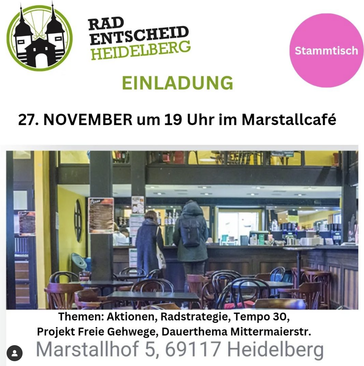 Radentscheid Stammtisch am Mittwoch, den 27. November 2024 in Heidelberg