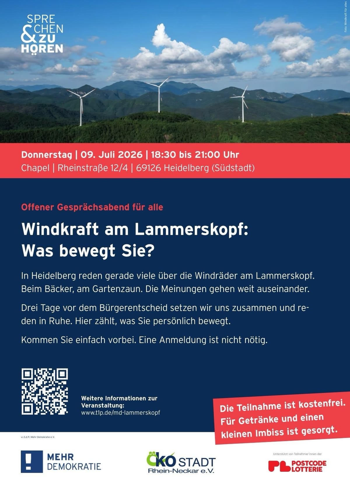 Offener Gesprächsabend zur Windkraft am Lammerskopf am Donnerstag, den 9. Juli 2026 in Heidelberg