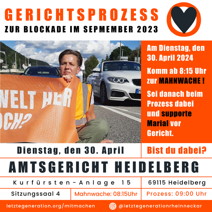 Gerichtsprozess gegen Klimaschützerin am Dienstag, den 30. April in Heidelberg
