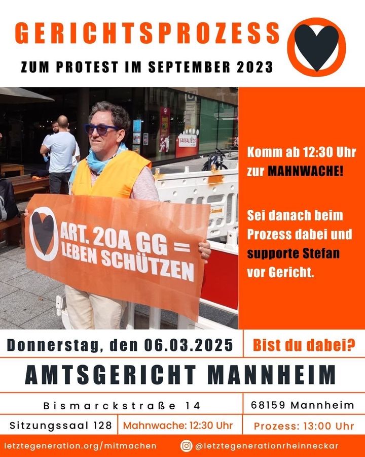 Mahnwache und Prozess am Donnerstag, den 6. März 2025 in Mannheim