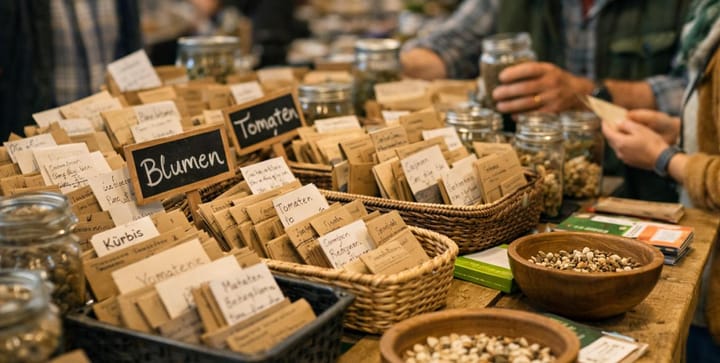 Auf einem Tisch stehen Körbe mit Schildern und Tütchen von Saatgut.
