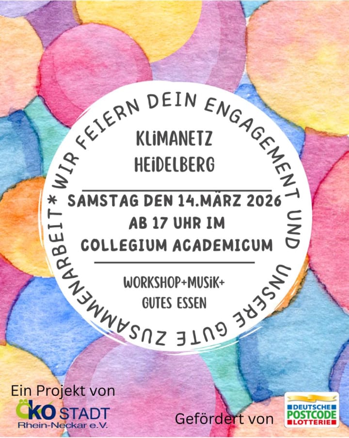Wir feiern das Klimanetz am 14. März, ab 17 Uhr in der Aula des CA Workshop, Musik und gutes Essen.