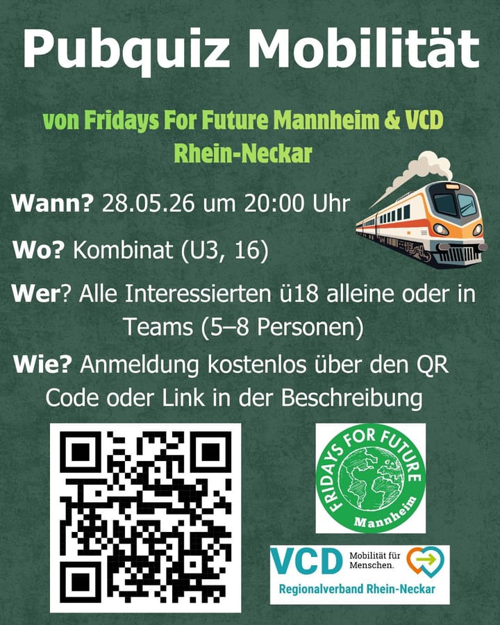 Pubquiz Mobilität von Fridays for Future MA und dem VCD Rhein-Neckar, am 28. Mai 2026 in Heidelberg