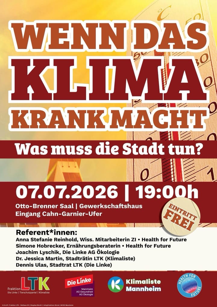 Vorträge: "Was muss die Stadt tun, wenn das Klima krank macht?" am Dienstag, den 7. Juli 2026 in Mannheim